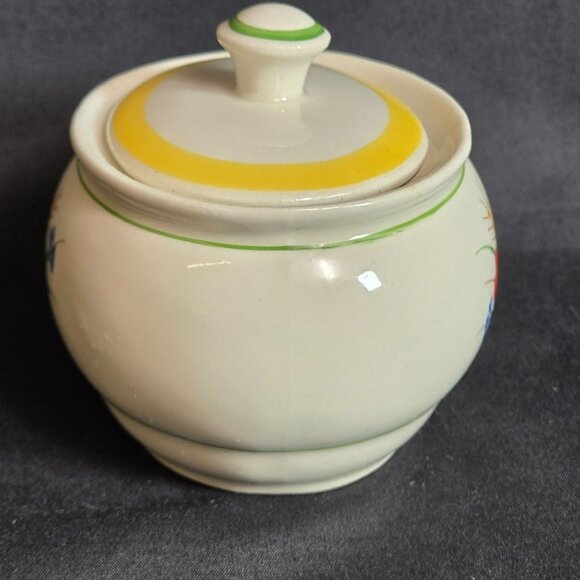 Vintage Arabia Sugar Bowl w Lid Finland Vintage Orange Poppy Red Yellow Suomi 3" - Picture 4 of 11